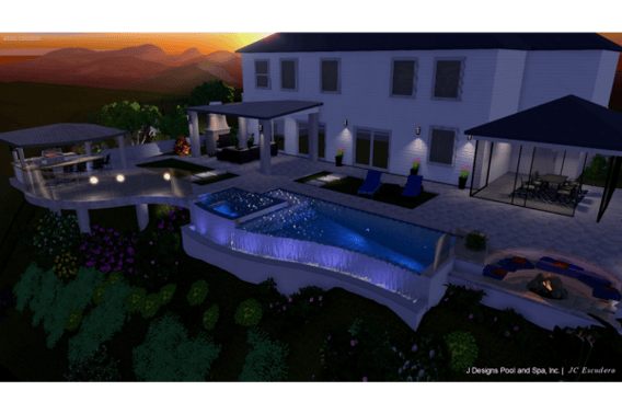 This picture is a 3D rendering of a project for a swimming pool and spa.