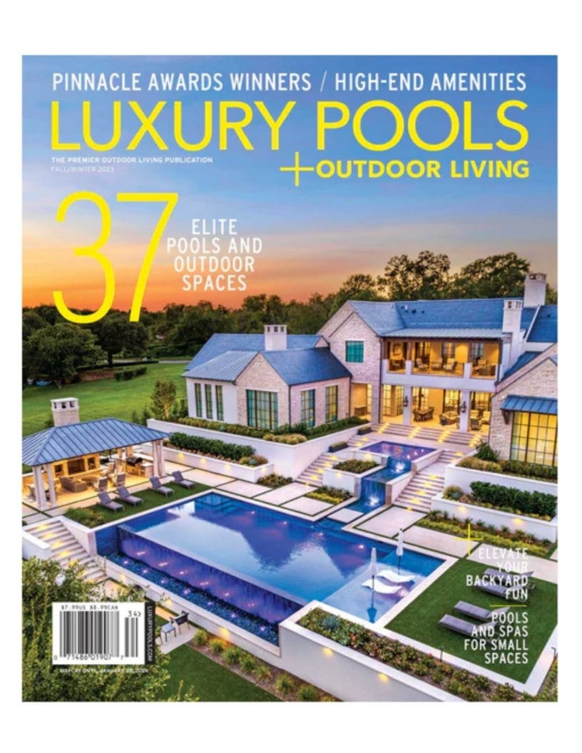 Luxury Pools magazine cover showcases a sprawling estate with a majestic pool that is the epitome of high-end amenities and design.