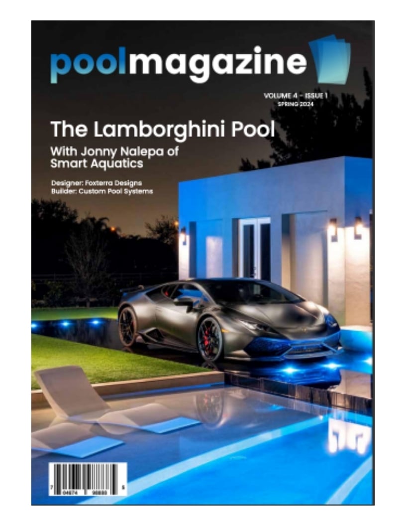 Pool Magazine presents an escape into extravagance, where the allure of a Lamborghini enhances the serene ambiance of a bespoke pool setting.