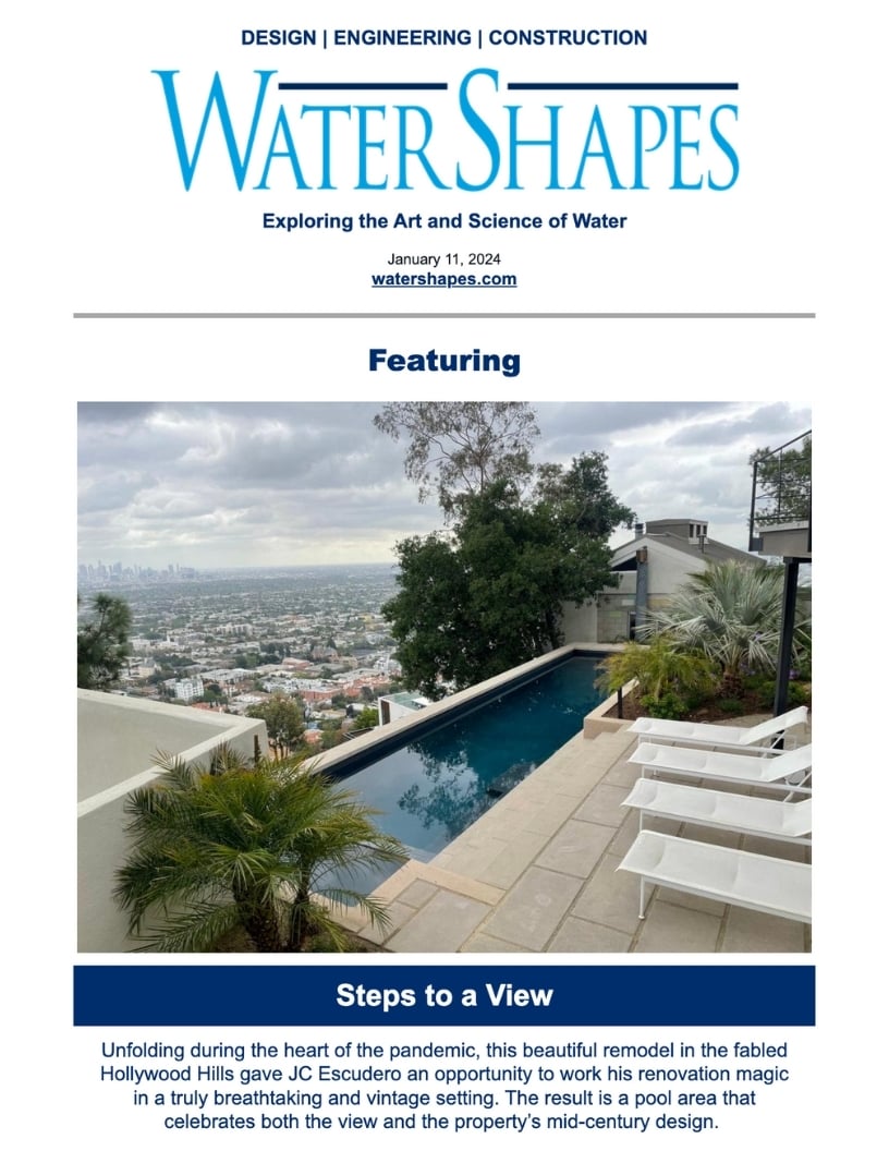 WaterShapes magazine cover presents a serene pool area reflecting the LA skyline, a luxurious escape from the city buzz.