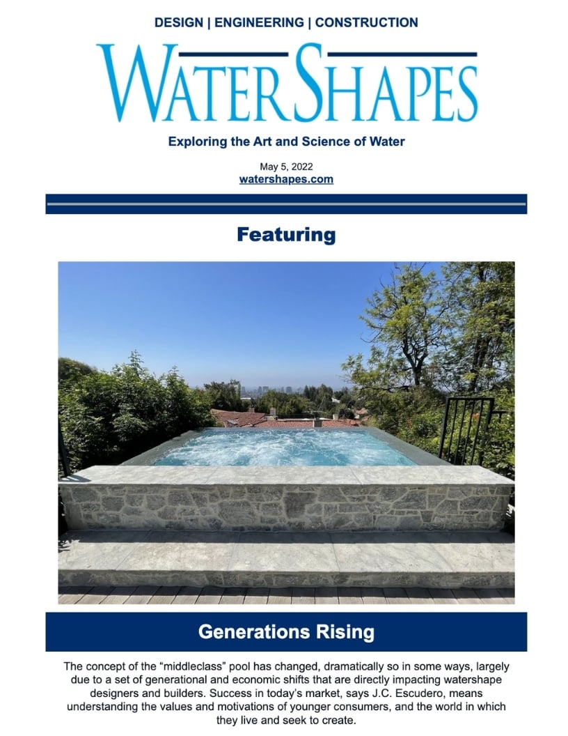 Watershapes magazine cover presents an infinity-edge pool that merges effortlessly with the urban horizon, perfect for the contemporary family.