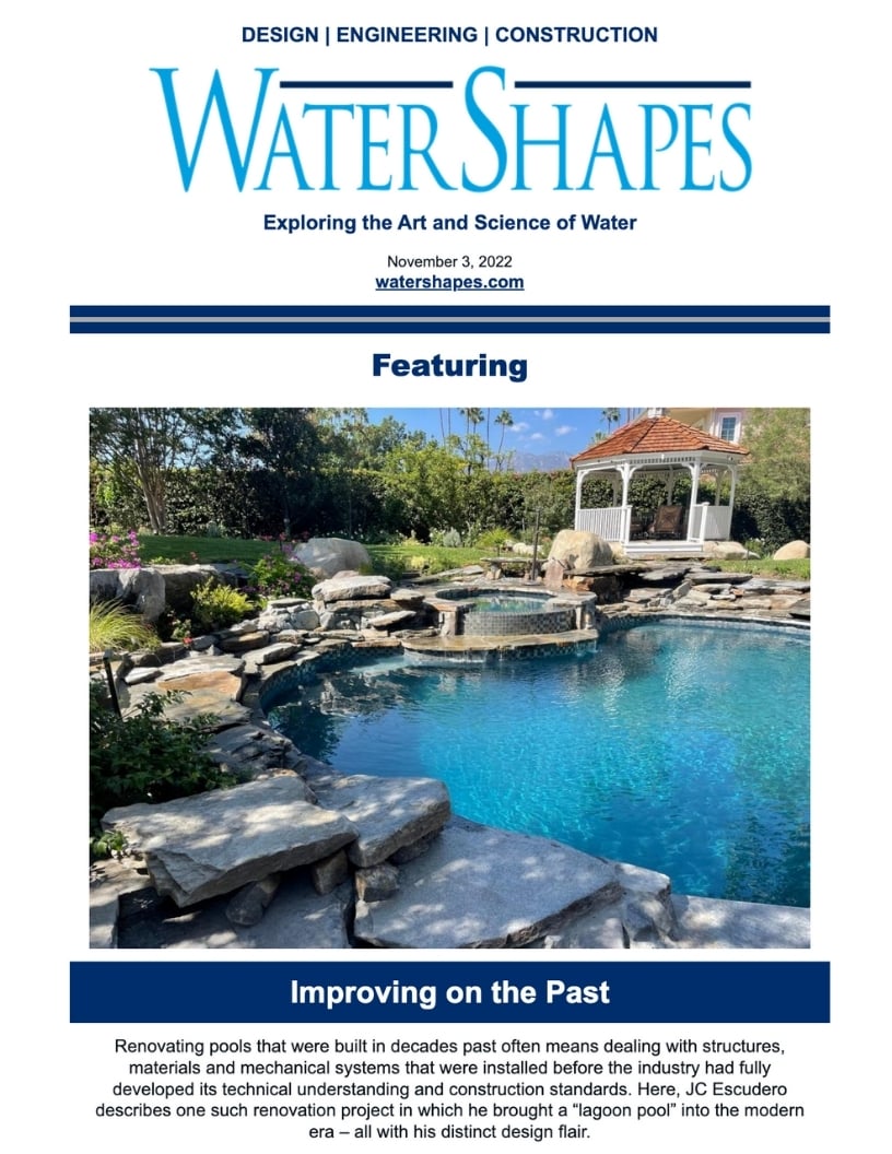 WaterShapes magazine cover, showcasing a lagoon pool renovation that blends seamlessly with nature’s design.