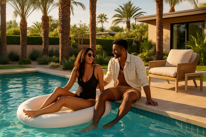 A luxury swimming pool with crystal clear blue water featuring a happy couple enjoying themselves  perhaps relaxing on pool floats sitting on the pool edge with their feet in the water or lounging on elegant poolside furniture The scene is set in a b