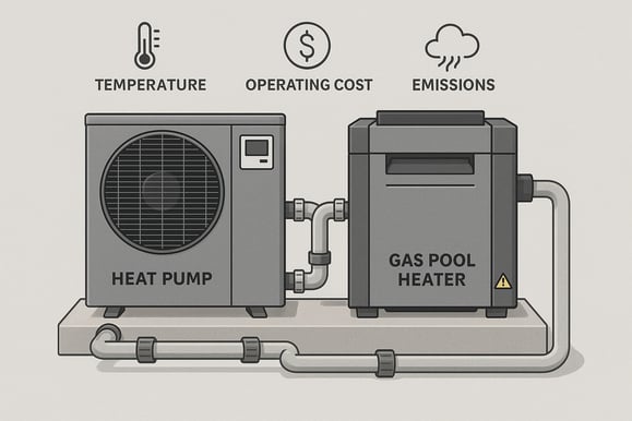Sidebyside equipment pad with labeled heat pump on one side and gas pool heater on the other connected to the same pool Overlay icons for temperature operating cost and emissions Clean technical style neutral backdrop realistic no people