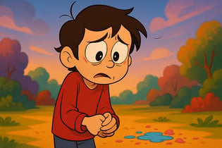 The animated character with large expressive eyes and a quivering lip stands in a vibrant colorful setting that contrasts with their somber mood Their shoulders droop and they wring their hands nervously as a gentle breeze ruffles their hair A soft m