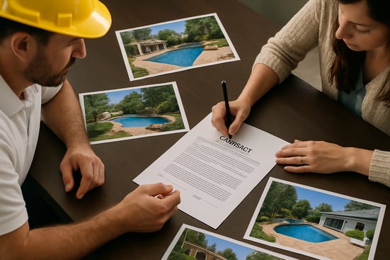 photographic The image depicts two people a contractor and a client signing a contract We can observe multiple images of pools and backyard scenes on