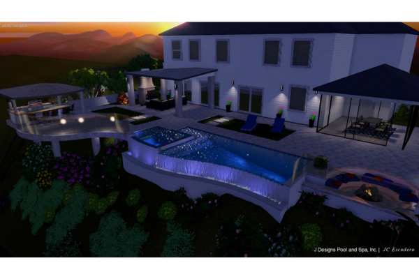 This picture is a 3D rendering of a project for a swimming pool and spa.