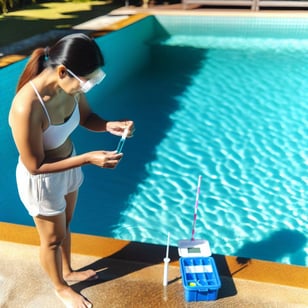 A person testing the pH level of pool water using a testing kit, with a pool in the background on a sunny day.