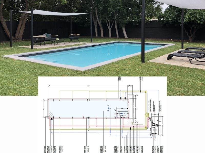 Construction plans and photo of finished los angeles pool