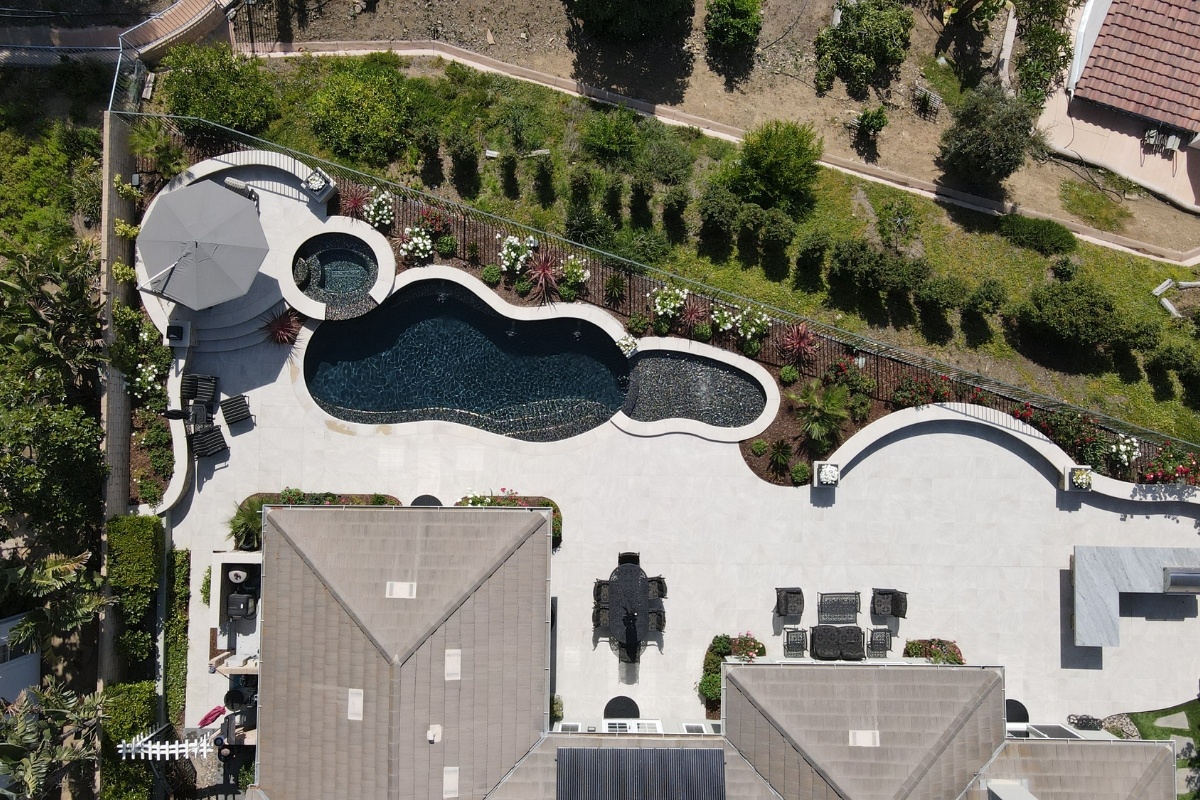 Daytime aerial shot of the pool and spa, emphasizing the curving design and surrounding garden beds.