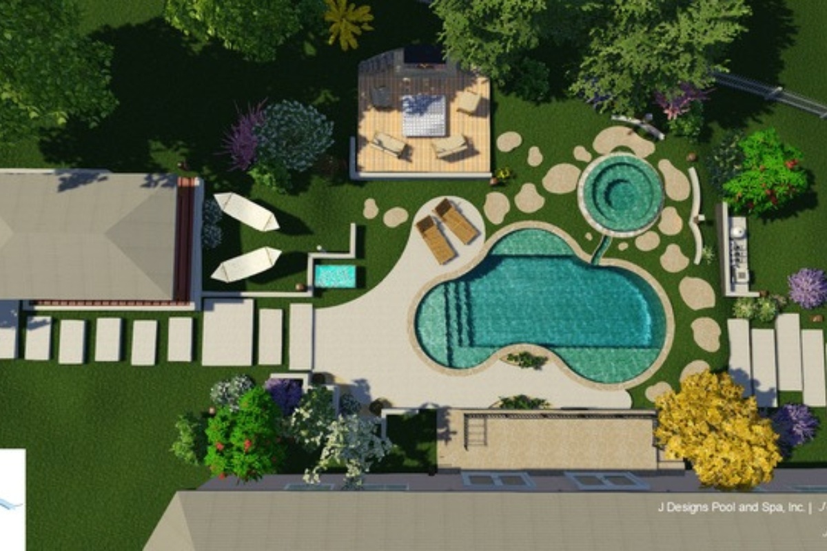 3D design rendering of a Calabasas property featuring a fully tiled pool, raised round spa, and Hayward equipment with ozone sanitation.